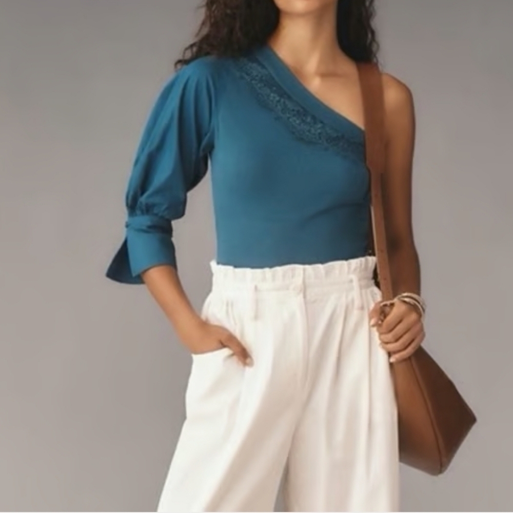 By Anthropologie One-Shoulder Puff-Sleeve Lace Trim Button-Side Top, Blue